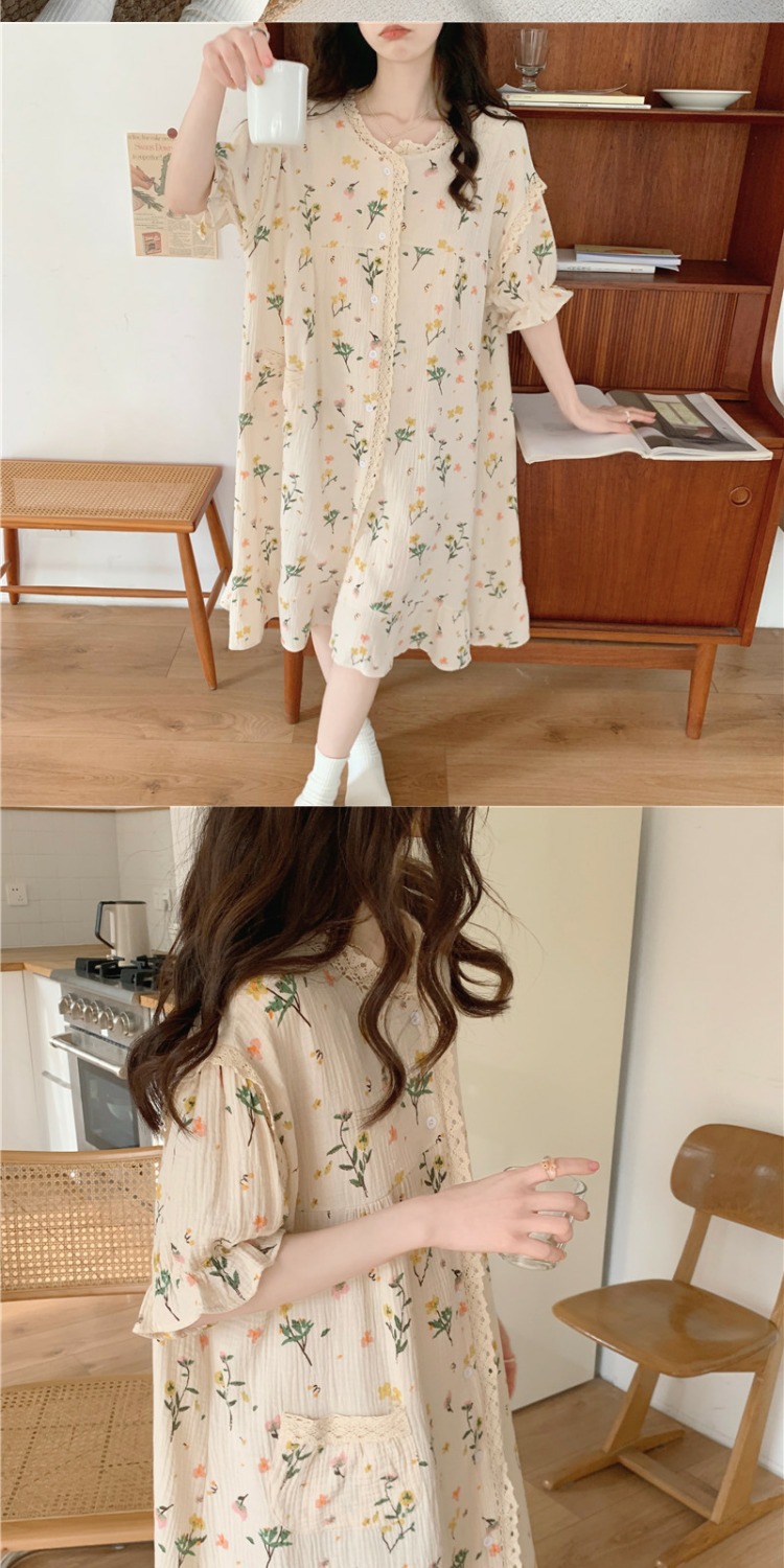 ins Korean princess-style summer pajamas for women, short-sleeved, small floral prints, round collars, sweet girl, loose home wear for students pic 11