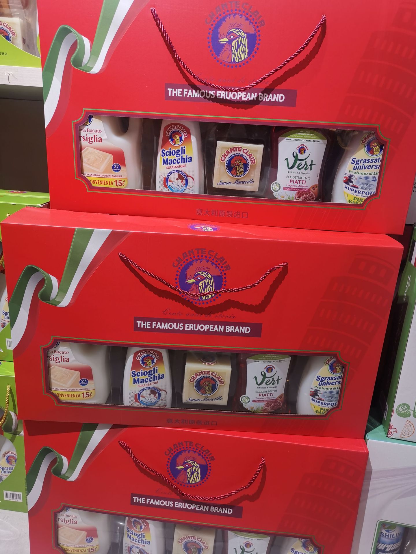 Wholesale of five-piece sets of Italian imported rooster head box laundry detergent, dishwashing liquid, Marseille soap and oil stain remover Specification image