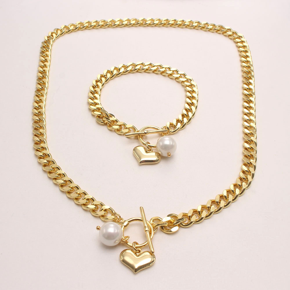 INS Cuban micro zircon Love shell Pearl pendant thick chain copper plated real gold necklace bracelet set full figure