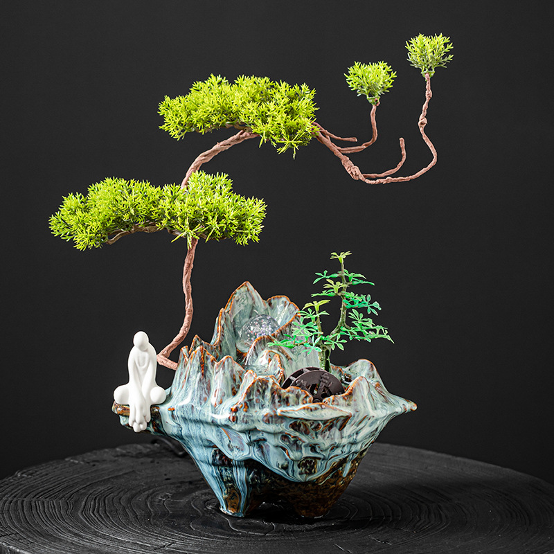 迎客松流水摆件  树脂工艺品 办公室装饰品 