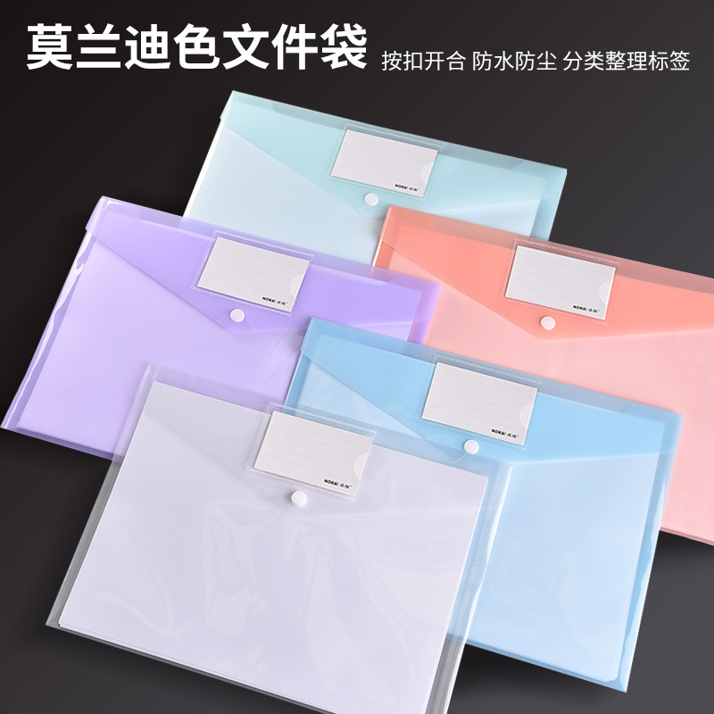 Wholesale of Morandi color transparent snap file bags, a4 storage test paper materials file bags, PP waterproof bags with labels