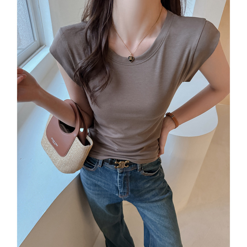 莱赛尔天丝新款正肩短袖t恤女式显肩宽修身高级设计感小飞袖上衣
