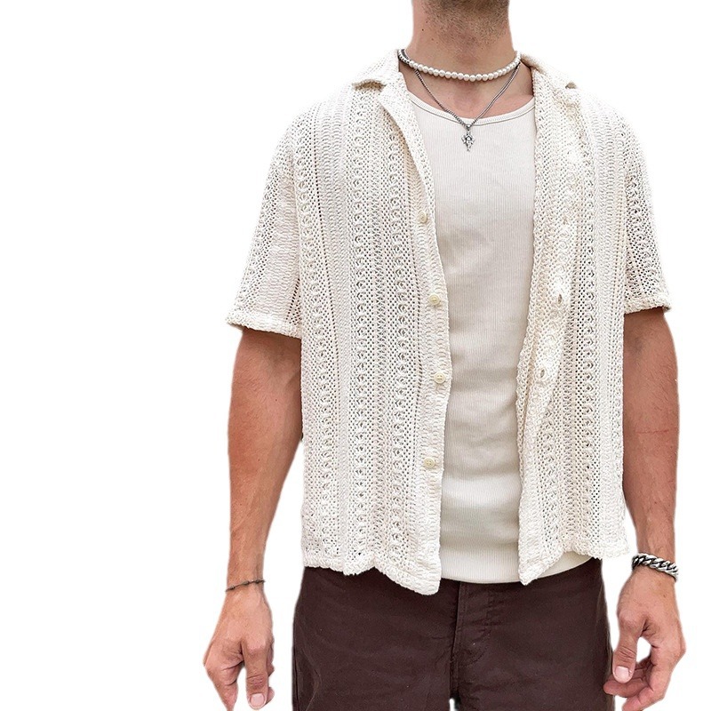 European and American fashion summer new men's casual knitted cardigan, white short-sleeved top, men's shirt, hollowed-out men's clothing Item Picture
