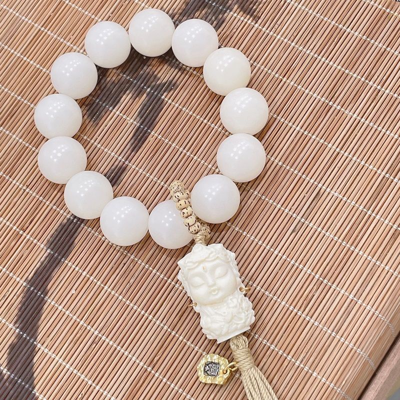New Chinese Finger Around Soft Ice Clear Jade Clean Mother White Jade Bodhi Hand Chain Ancient Style Large Round Bead Disk Play Bead Play Specification drawing