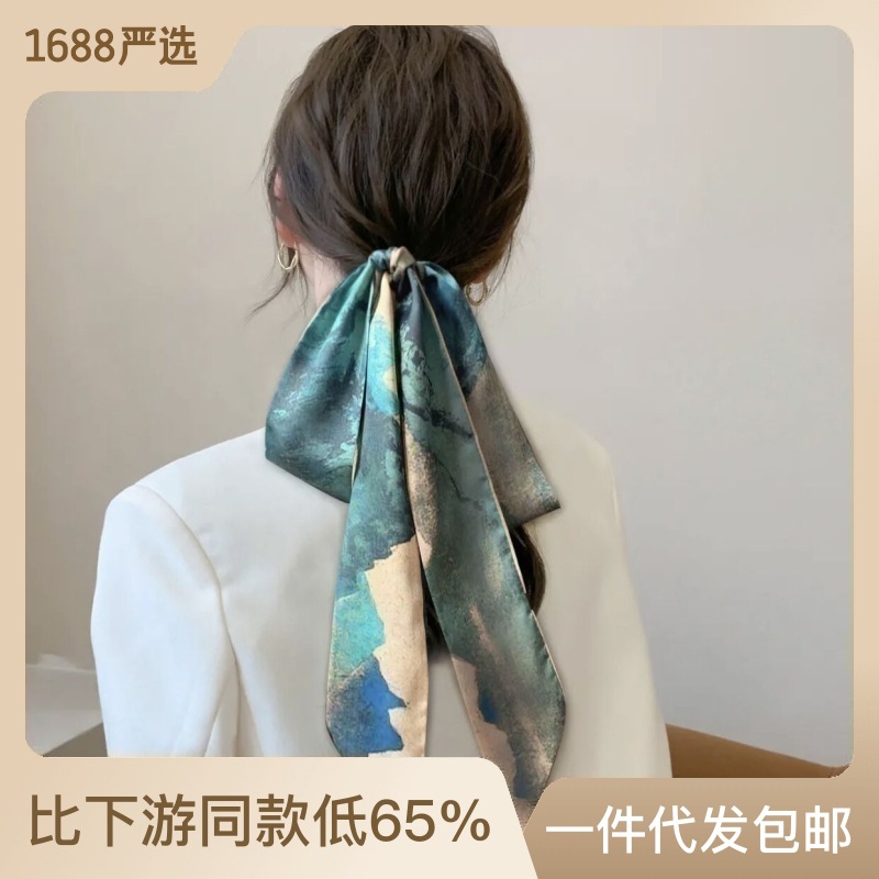 Only This Green National Style Retro Thousands Of Miles Jiangshan Small Silk Scarf Female Korean Version Of A Long Ribbon Tied Hair Band Hair Accessories