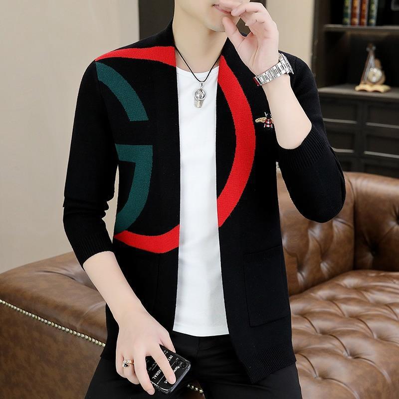 2022 Spring and Autumn new knitted cardigan men's Korean-style trendy printed coat casual buttonless cape top