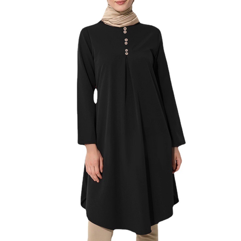 2022 Muslim New Women's Solid-Color Button Stitching Fashion Casual Long-Sleeved Dovetail Swing Dress In Stock Item Picture