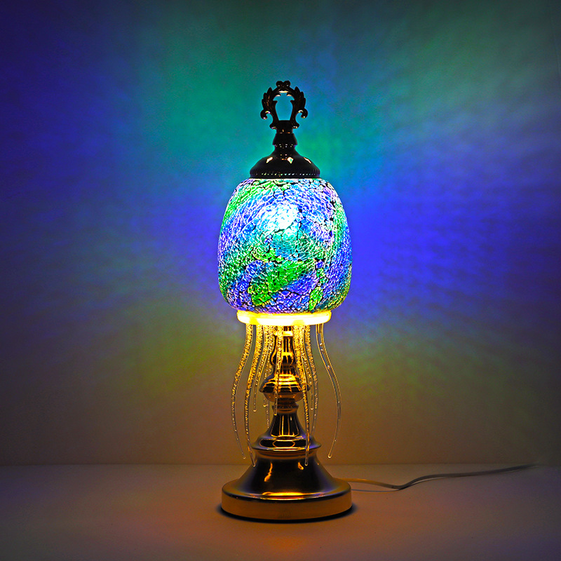 Mediterranean retro romantic bedroom headboard, living room bar counter, pure handcrafted Southeast Asian Turkish colored glass table lamp full figure