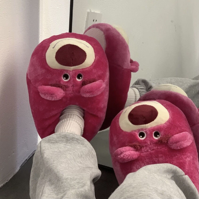 草莓熊棉拖鞋卡通可爱女孩居家宿舍保暖棉拖鞋姐妹包跟毛绒鞋