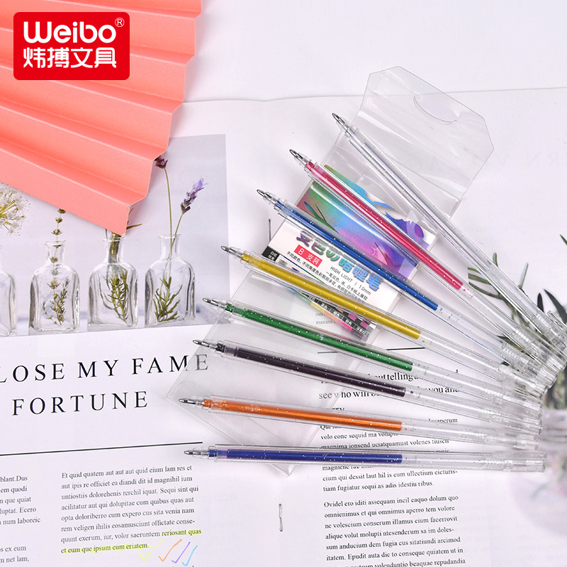 The Weibo color-changing colored glitter gel pen glows with flowing sand silver light. The student notebook metallic gel pen has a pearlescent luster
