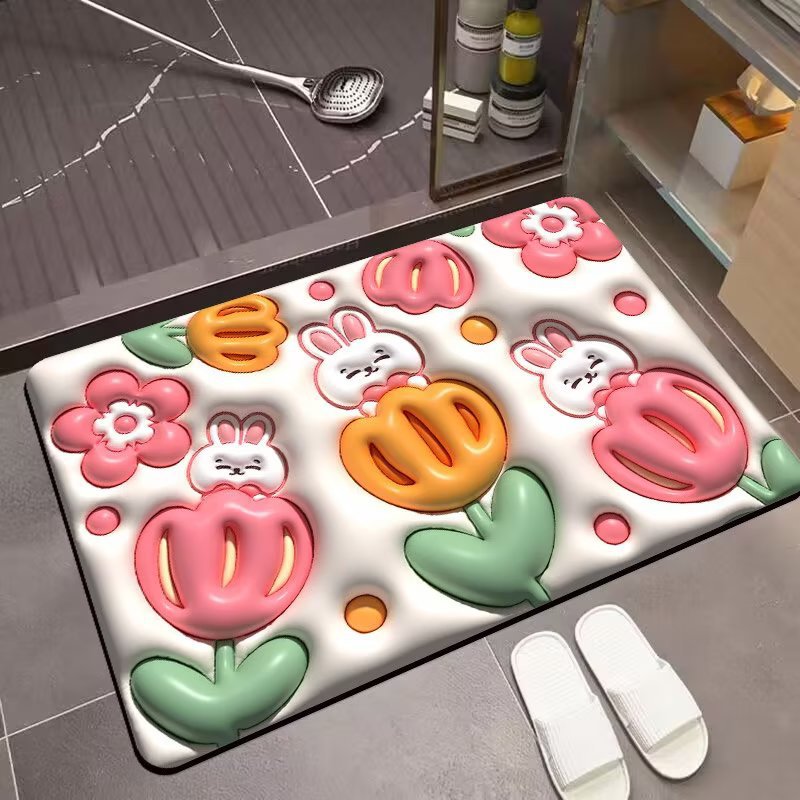 ins Expansion Wind 3D Small Flower Bathroom Mat, household bathroom entrance absorbent floor mat, Anti-slip Diatom mud floor mat Application Scenario