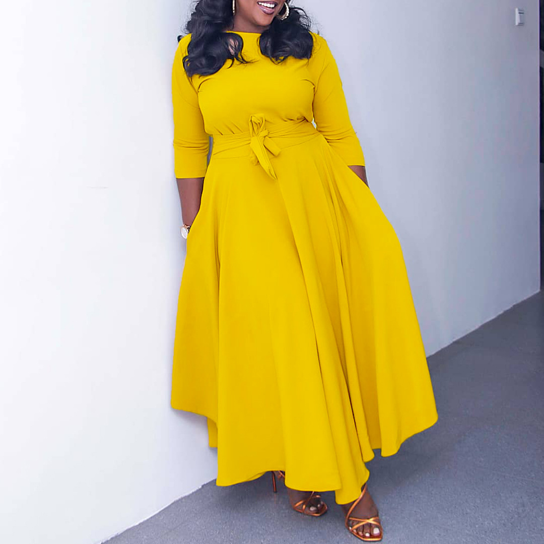 Q099 Cross-border Women's Clothing 2023 Autumn/Winter New Fashionable and elegant lace-up African plus-size MIDI dress for export Application Scenario