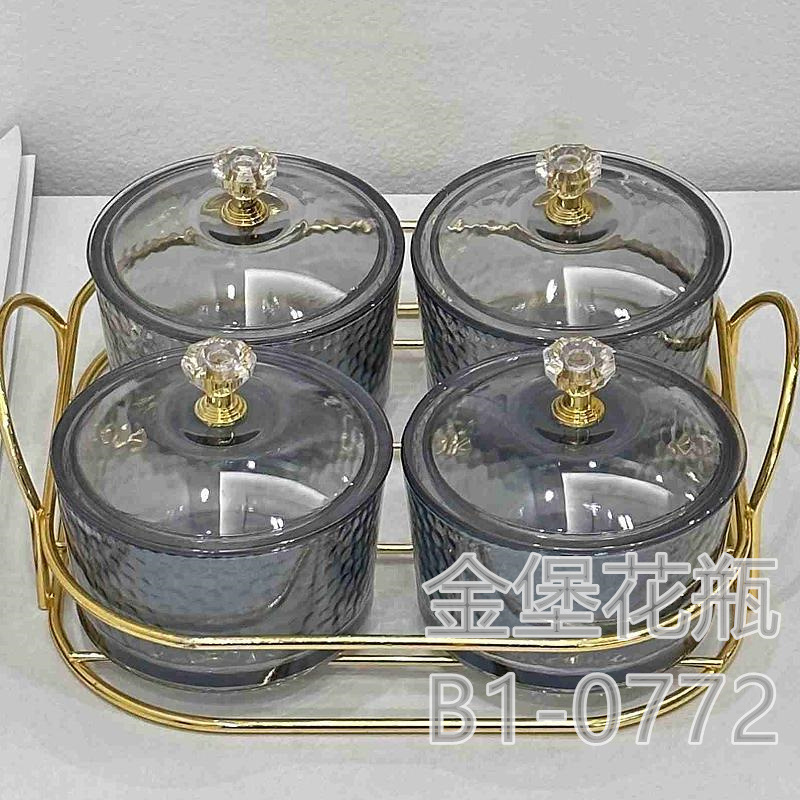 Glass divider fruit plate Commercial snack snack snack plate Bar bath foot club four bar plate with lid Golden castle vase seasoning box full figure