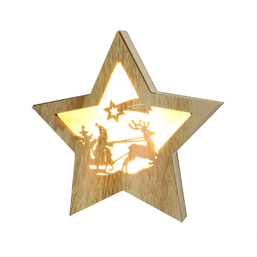 21LED Christmas Five-pointed Star Handmade Wooden Illuminated Pendant Decoration Christmas Tree Pendant Factory Direct Sales YLSD02