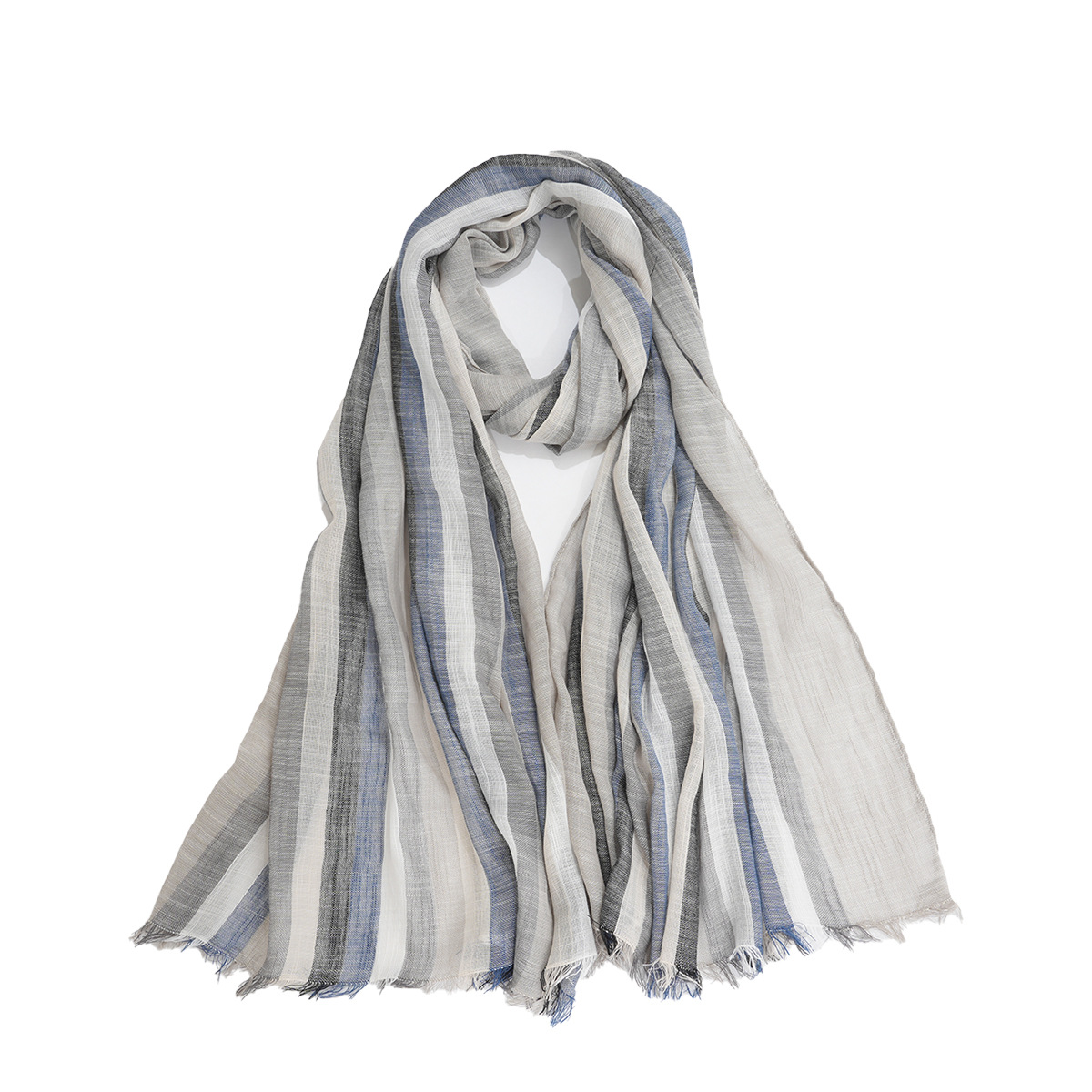 Spring and Autumn 2023 Thin cotton and linen shawl and scarf for export, vertical striped women's fashionable and simple short beard scarf, windproof details Picture