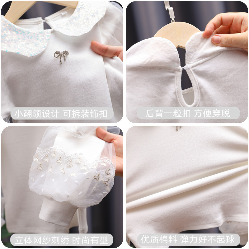 Girls' top, spring and autumn long-sleeved pure cotton white puffed sleeve base layer, children's autumn clothes, versatile lapel T-shirt 6 Application Scenario