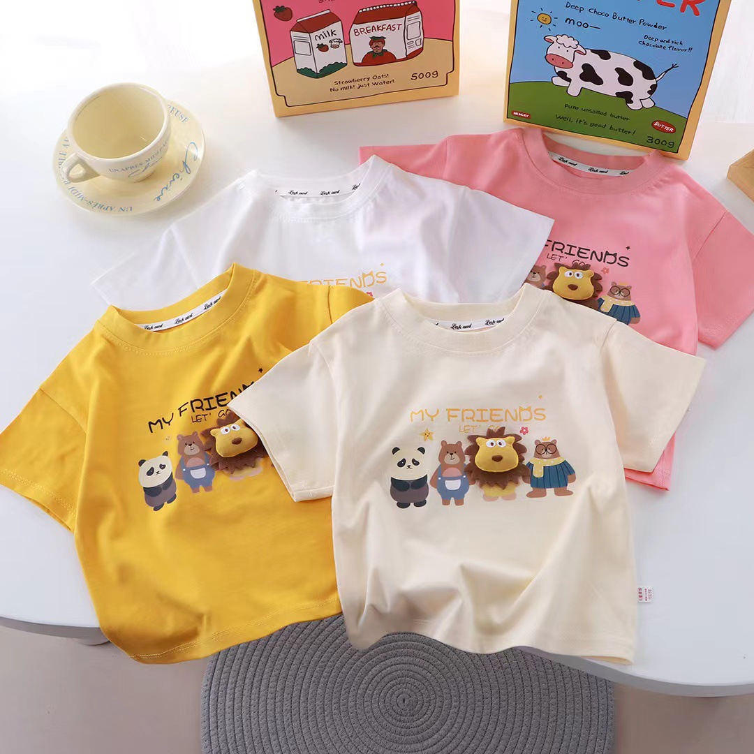 New cartoon 3D doll T-shirts for children, short sleeves, pure cotton for boys and girls, summer single-piece parent-child outfits for medium and large children full figure