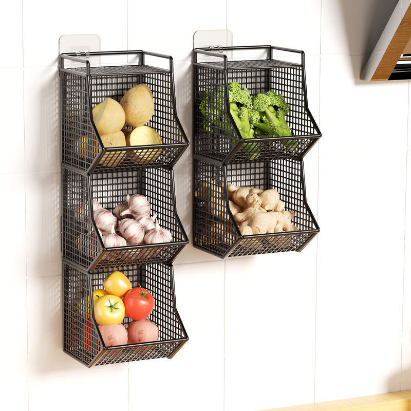 Onion, Ginger And Garlic Storage Basket Condiment Storage Rack Kitchen Perforation-Free Basket Ginger And Garlic Hanging Basket Wall Hanging Ware details Picture