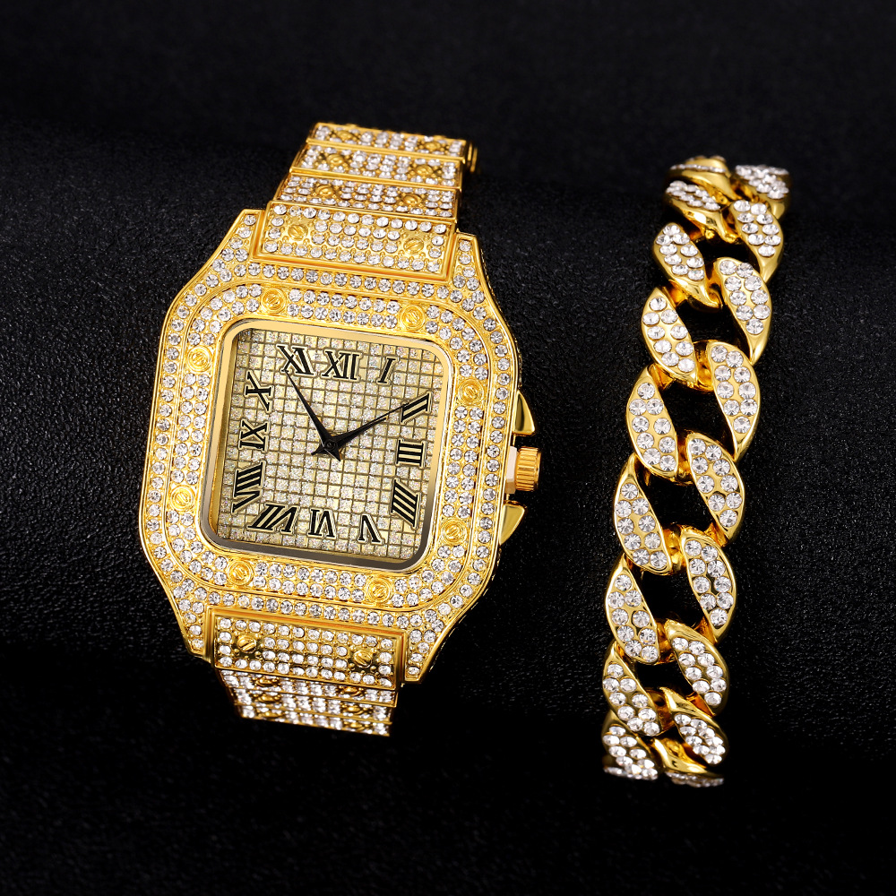 Moda de lujo hip hop cuadrado romano con diamantes diamantes correa de acero reloj de cuarzo + pulsera de diamantes de hip hop oval details Picture