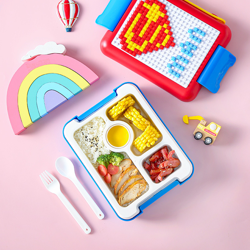 手提DIY像素积木儿童饭盒 学生便携式便当盒塑料分格午餐盒野餐盒详情图2