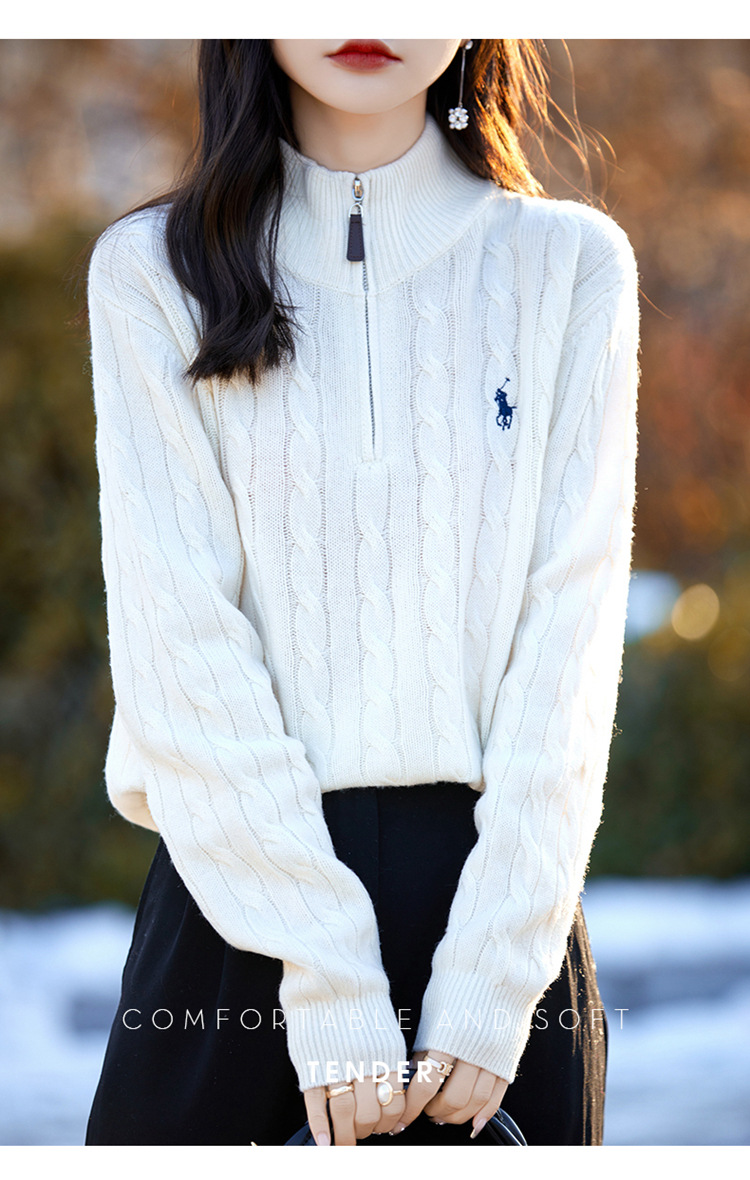 秋冬麻花针织衫女半开领拉链保罗慵懒宽松套头毛衣显瘦上衣打底衫详情21