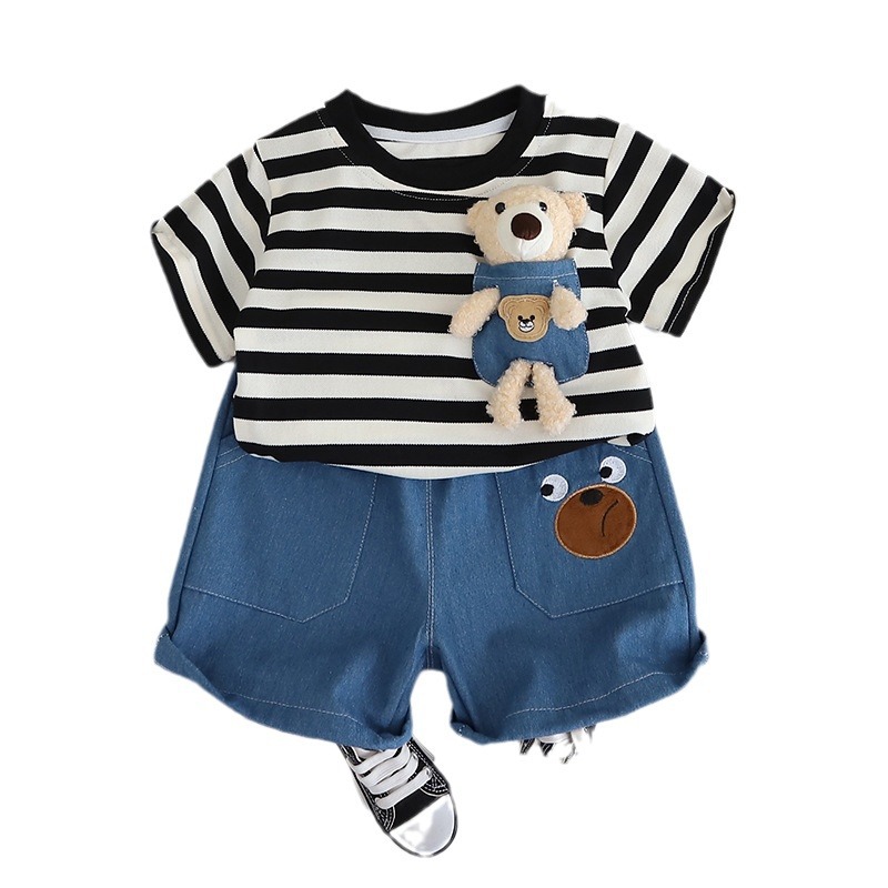 Boys' Summer Set 2024 New Style Baby and Children's short-sleeved Cartoon two-piece set Summer cool cartoon pendant bear Item Picture