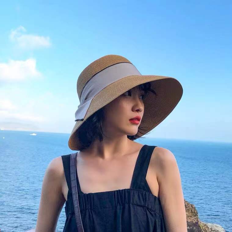 Instagram Straw Hat Women's Summer Foldable Beach Hat Face Visor Hat Bow Fisherman Hat Sun Hat Basin Hat