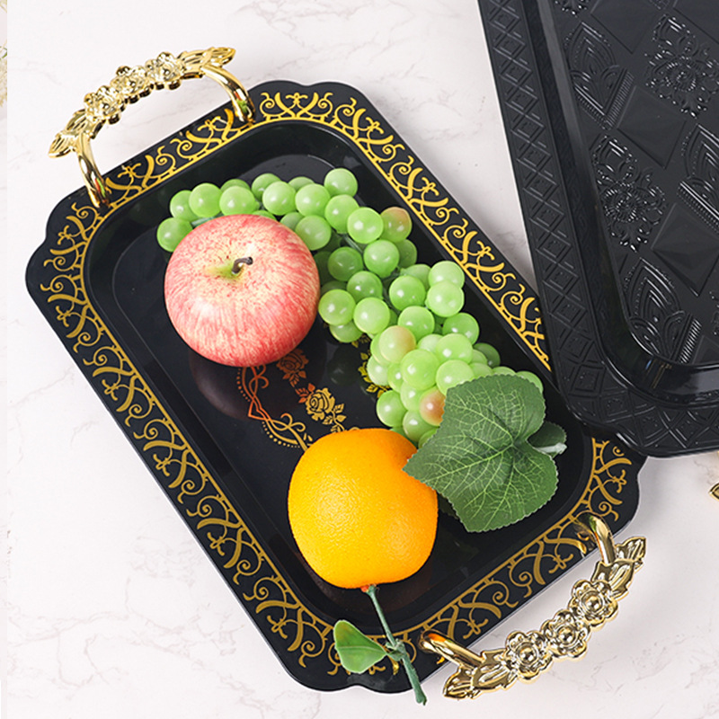 Black and gold rectangular rose-handled light luxury cross-border tray, tea tray, fruit tray, pastry tray, tea tray, water cup tray Specification image