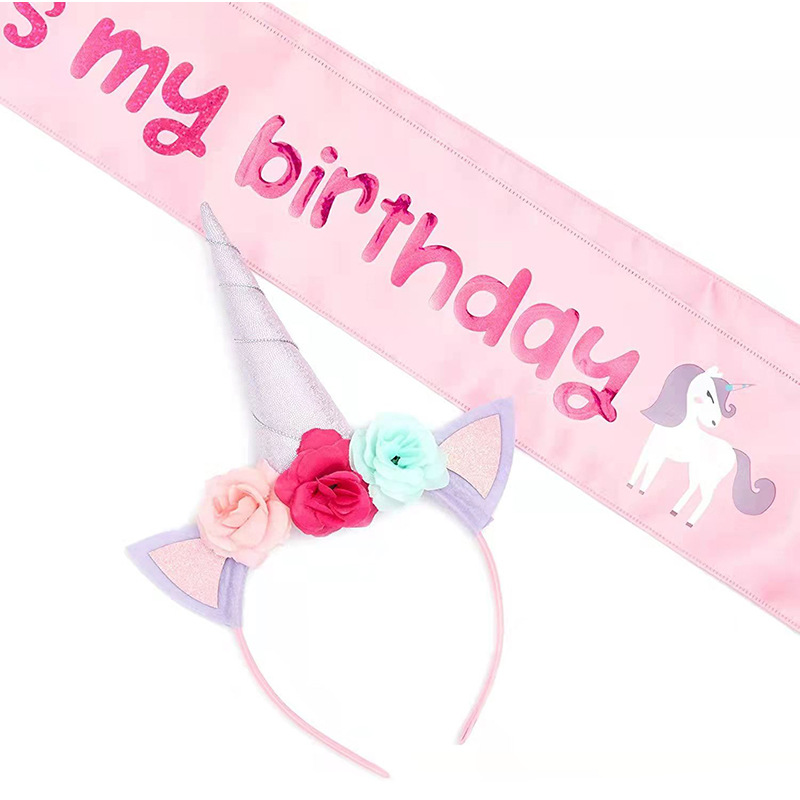 Cross Border Party Etiquette Shoulder Band Set Birthday Party English Print Shoulder Band Cute Unicorn Headband Application Scenario