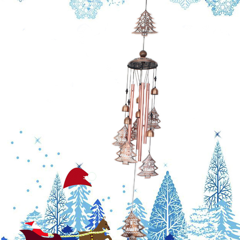 Christmas Tree Vintage Metal Red Bronze Wind Chimes Hanging With Christmas Hearts Metal Bells Garden Patio Decorations