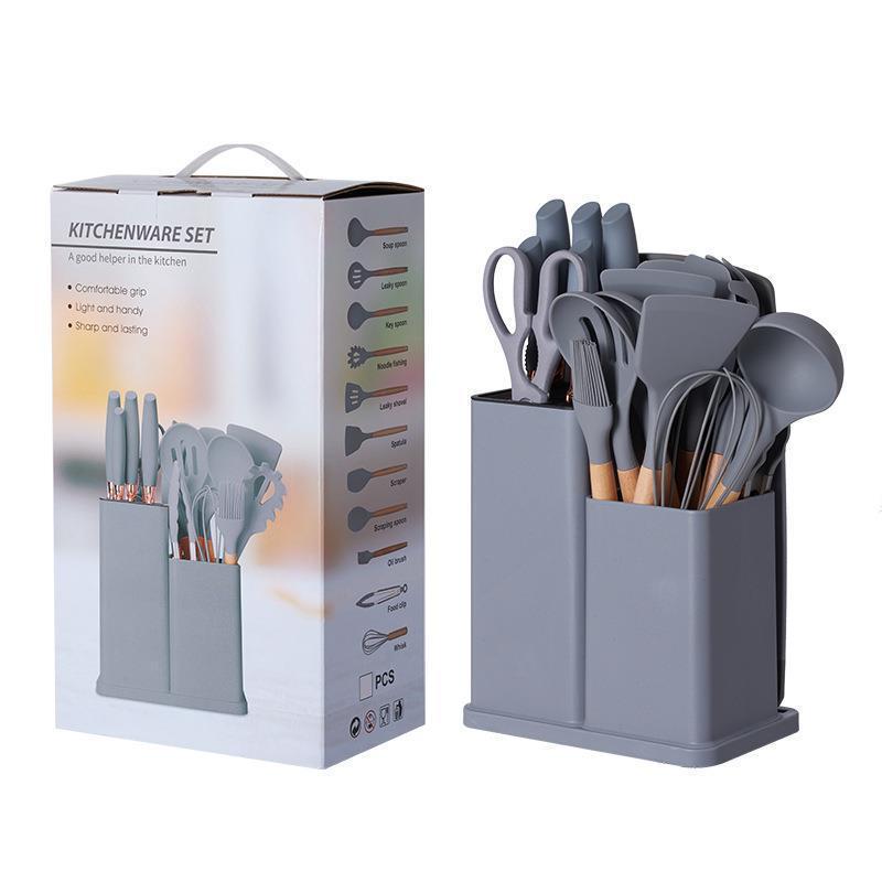 Wooden Handle Silicone Kitchen Utensils 19 Sets Chef Cooking Non-Stick Knives Cooking Spatula Spoon 12 Sets Cross-Border Supply Item Picture