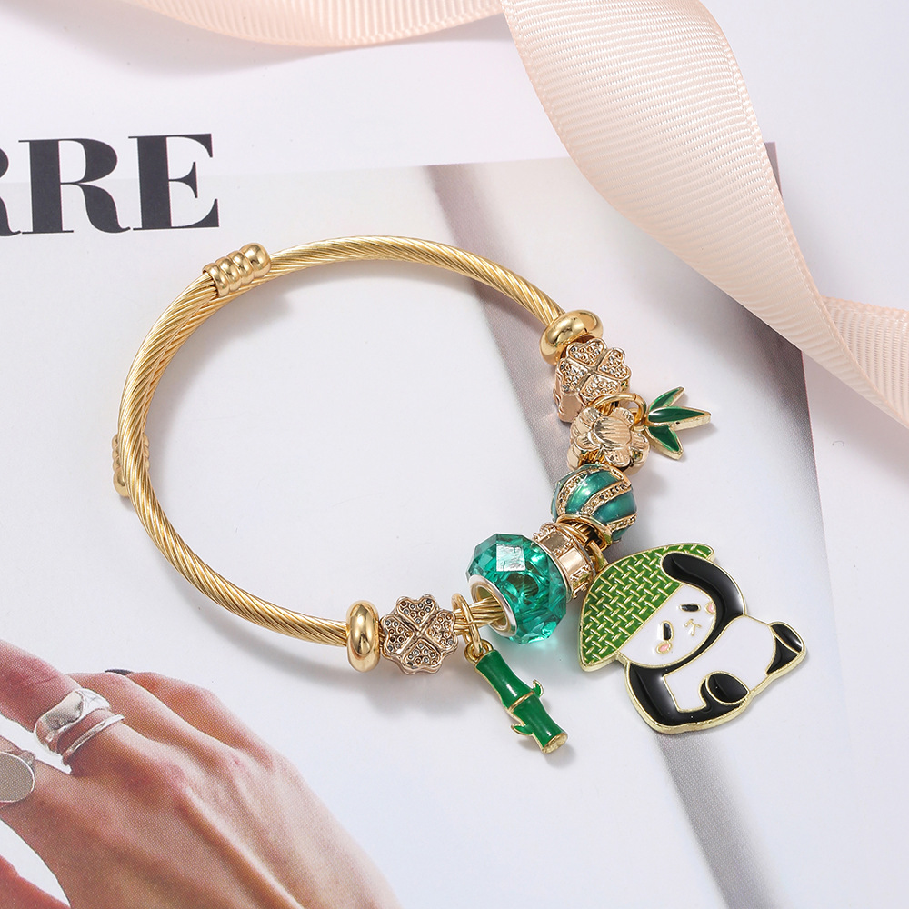 Oly Magic Bracelet 6779 Diy Stainless Steel Titanium Steel Bracelet Green Series Panda Bamboo Pendant Cartoon Animal Bracelet Wholesale Specification drawing