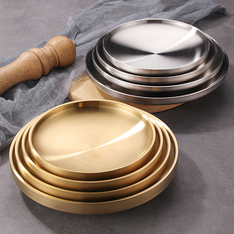 不锈钢特厚餐厅创意韩式烤肉店圆餐盘哑光双层金色圆托盘商用
