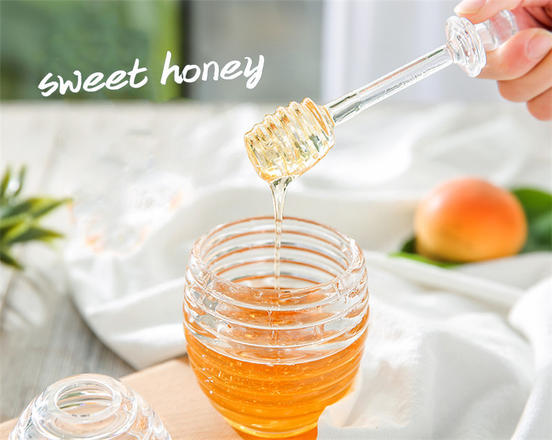 Honey jars, honey bottles, juice and jam jars with stirring rods Specification image
