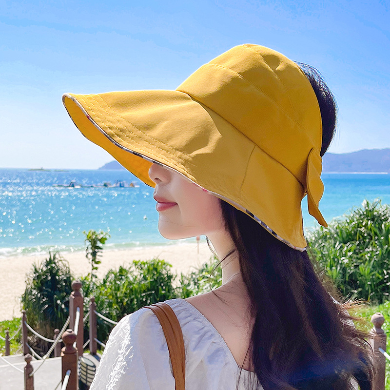New Summer Women's Topless Breathable Outdoor Sunshade With Large Brim Sun Hat Folded Bow Empty Hat Specification drawing