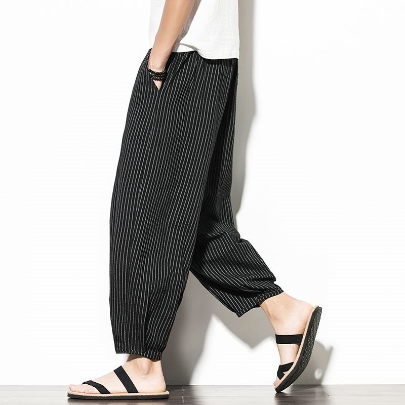 New Chinese-style Spring and Autumn men's loose wide-leg radish nine-inch pants, trendy cotton and linen casual Harun beach lantern pants