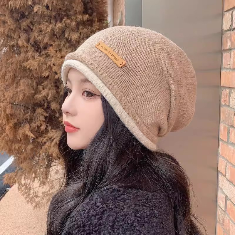 Women's autumn and winter warm knitted hat, rolled-up head hat, ear-protecting head hat, winter woolen hat, postpartum pile hat