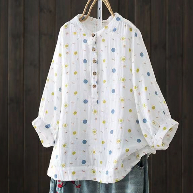 Summer retro floral stand-up collar double-layer baby cotton yarn three-quarter sleeve shirt, artistic style, loose cotton blouse for women Application Scenario