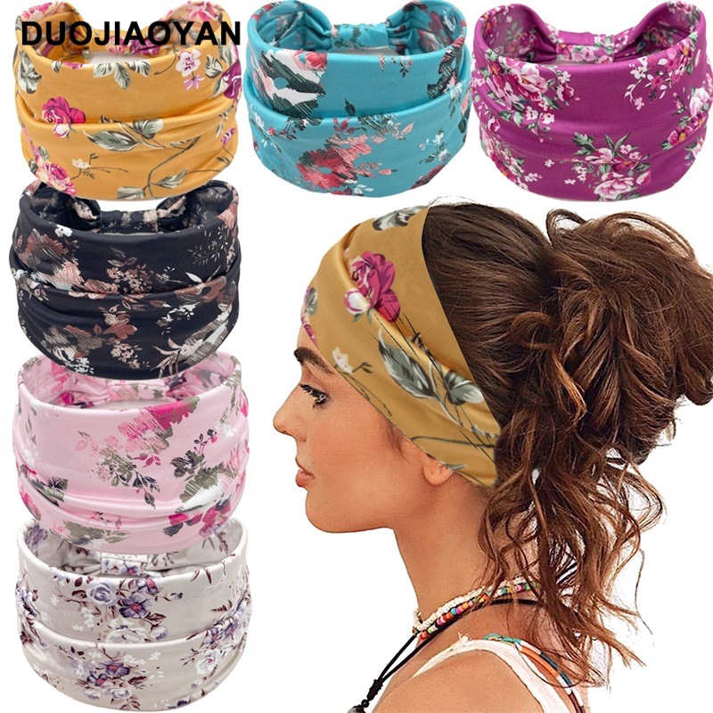 Wholesale of new European and American fashionable printed hair bands, elastic knotted wide-edge hair ties, rose yoga sports hair bands full figure