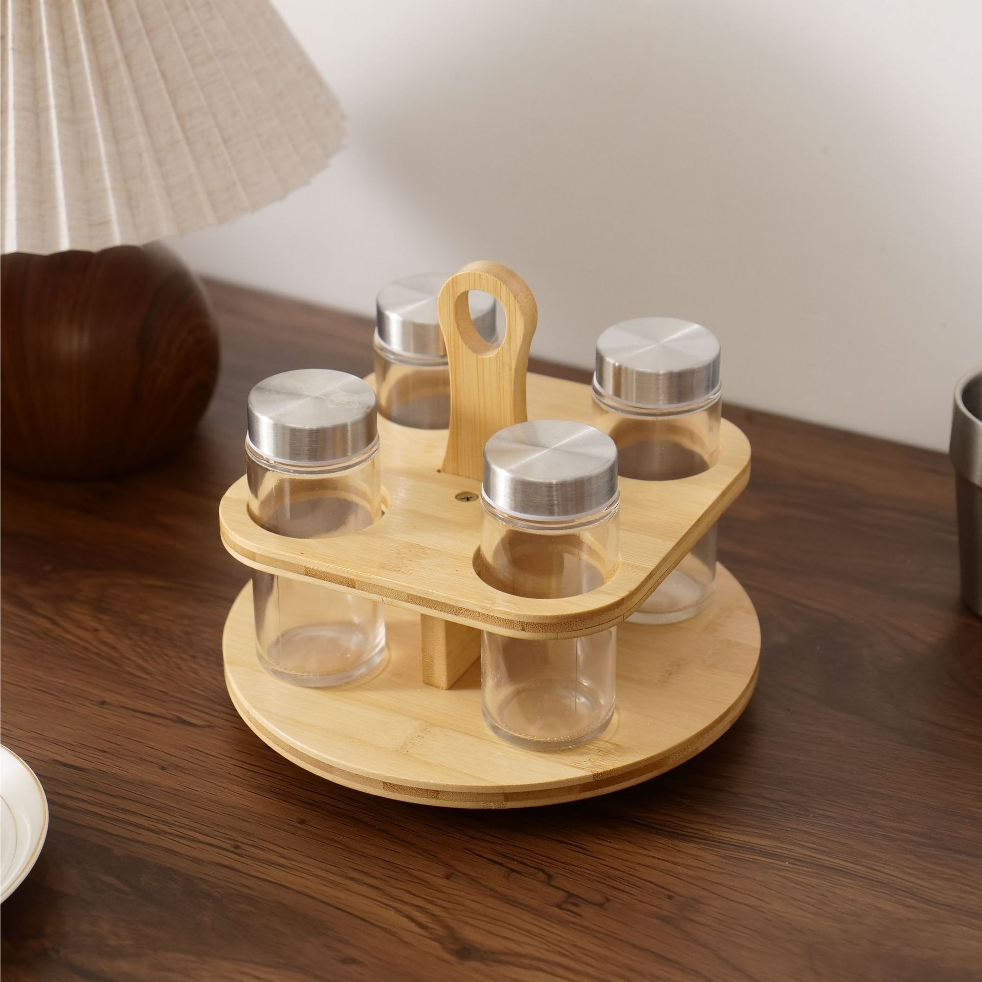 Household kitchen countertop multi-layer seasoning rack, spice sorting wooden rack, bamboo and wood multi-compartment cup storage rack Application Scenario