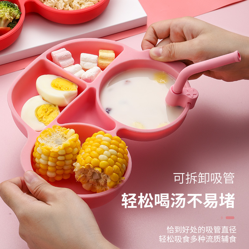 Baby silicone plate, 304 stainless steel, special baby food bowl for mother and baby products, cartoon children's tableware suction cup set details Picture