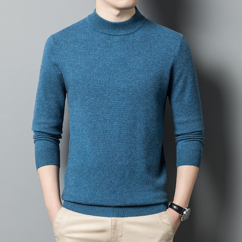Wholesale of 100 pure wool sweaters for men, thickened and warm, semi-high neck solid color base knitted men's sweaters in Puyuan Application Scenario