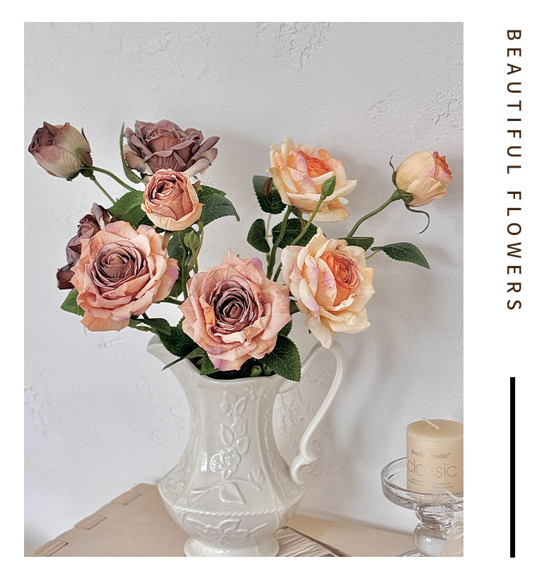 Retro charred edge 3-head rose oil painting style simulated flowers, dried flowers, hand-held bouquets, flower arrangements, artificial flower decorations, photo props pic 11