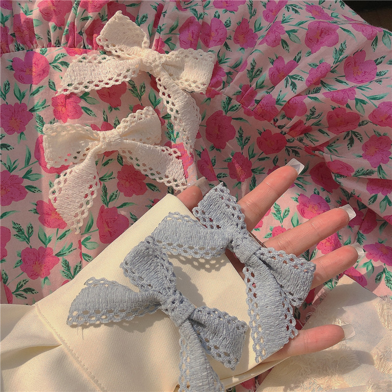 Cream Blue Hair Clip 2 Pieces ~ Spring Color Cream Rice Lace Bow Hair Band Hair Tie Girly Hair Tie details Picture