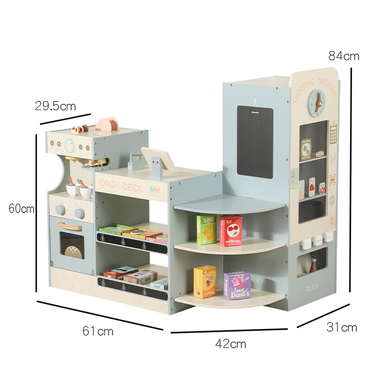 The kindergarten living area is decorated with children's simulation supermarket vending table play every fruit vending machine supermarket scan cashier toy set wooden play every toy corner supermarket combination Item Picture