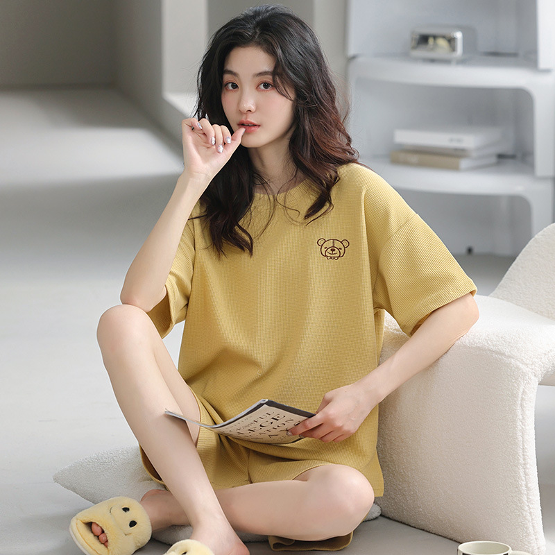 Wholesale of new summer pure cotton waffle short sleeves and shorts, all-cotton, high-end home wear sets that can be worn outside Specification image