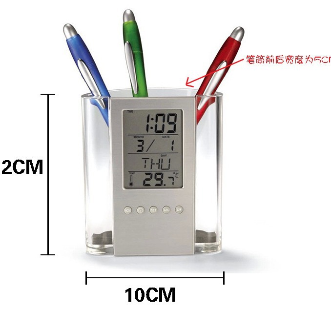 Multi-functional transparent pen holder, office stationery gift, clock display, LOGO printable electronic perpetual calendar pen holder Specification image