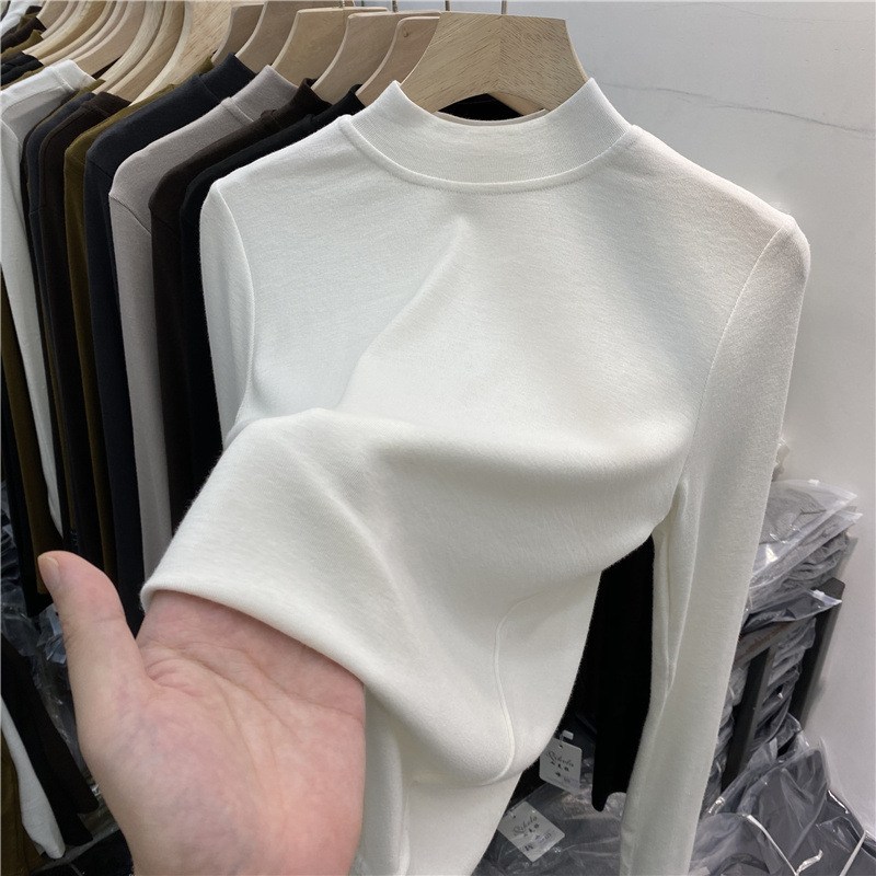 High-quality brushed fleece stand-up collar base layer for women, long-sleeved T-shirt, 2022 autumn and winter new style pure cotton versatile inner layer top details Picture