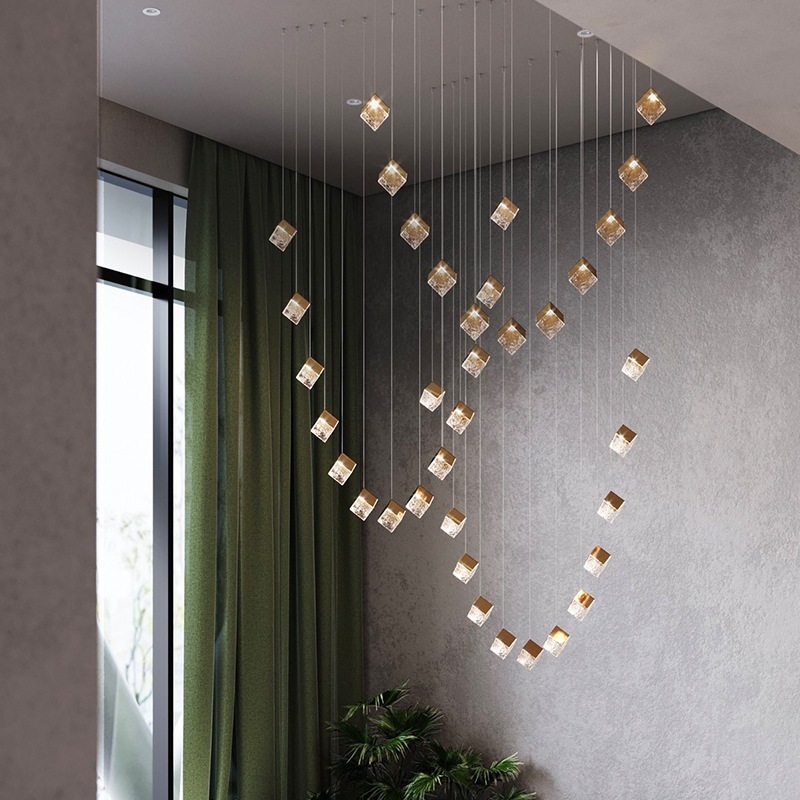 The restaurant features a unique loft duplex staircase with ice cubes, a designer's creative Nordic style, a sales office, a bedroom, and a small pendant lamp at the bedside details Picture