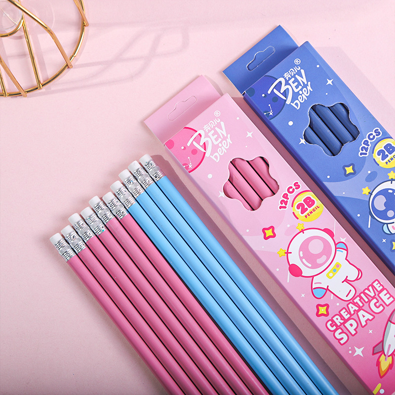 Cartoon pencils, student supplies, 12 2b pencils in a box, student stationery, exam drawing, HB pencils with built-in erasers Application Scenario